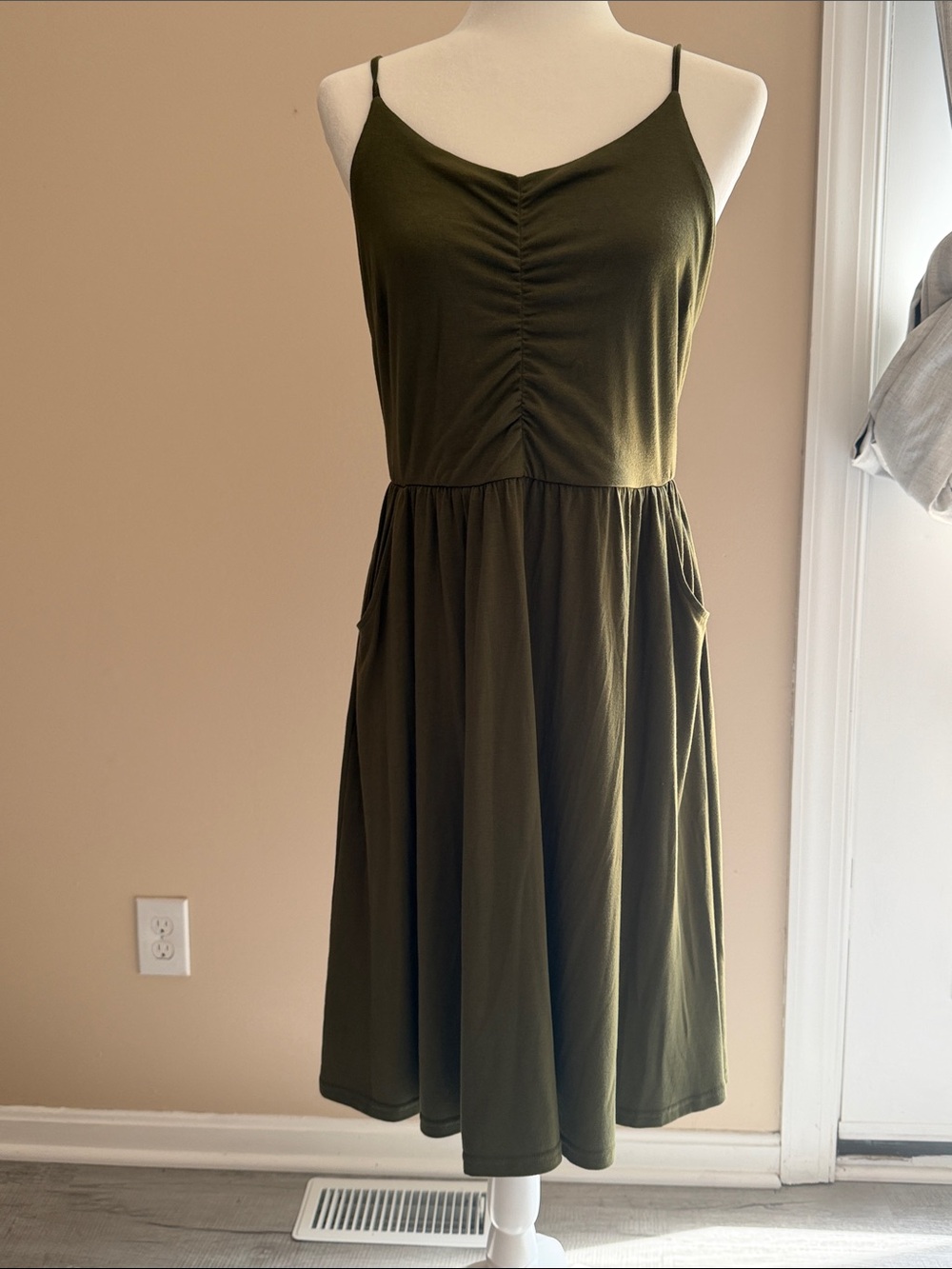Sleeveless Ruched Olive Midi Dress with Spaghetti Straps